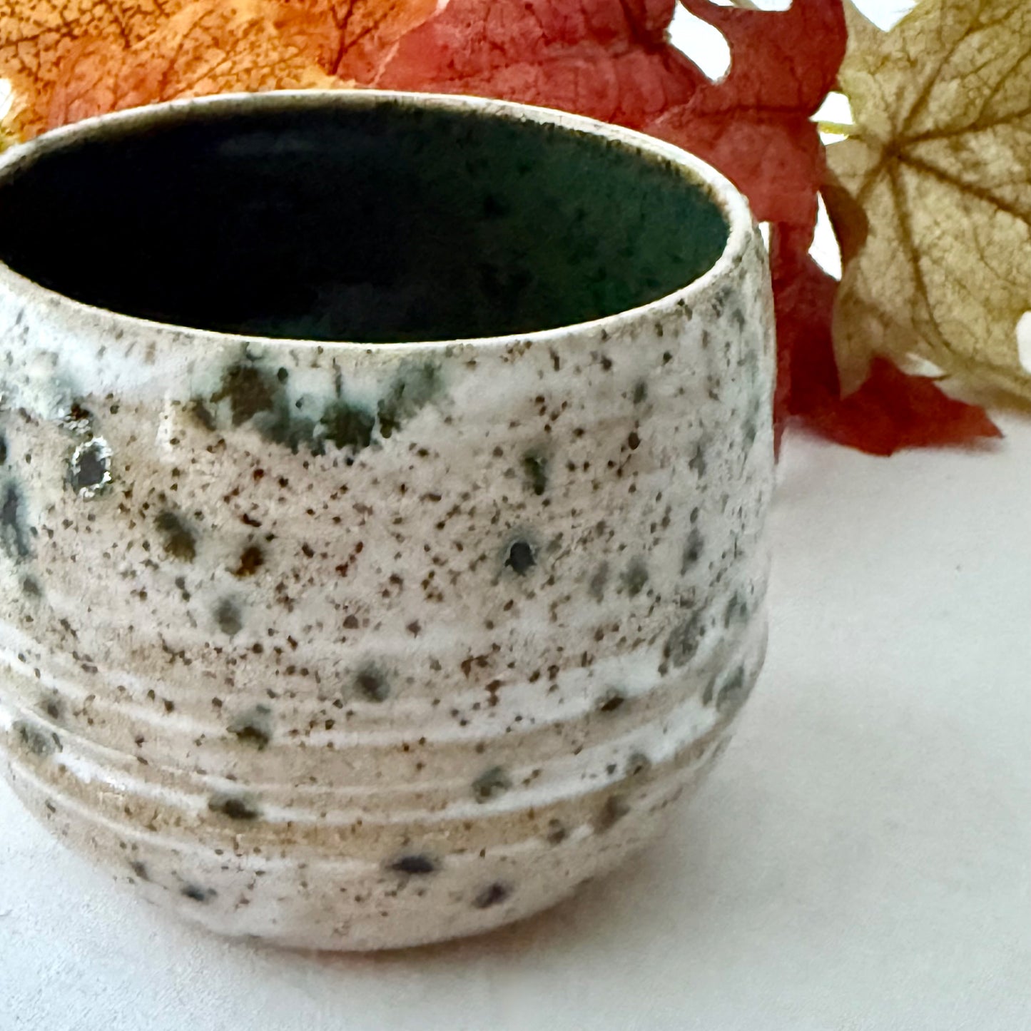 Speckled ceramic pot on a white surface with autumn leaves in the background