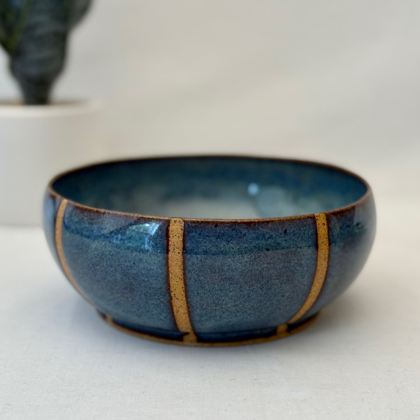 Blue ceramic bowl with brown accents on a light background