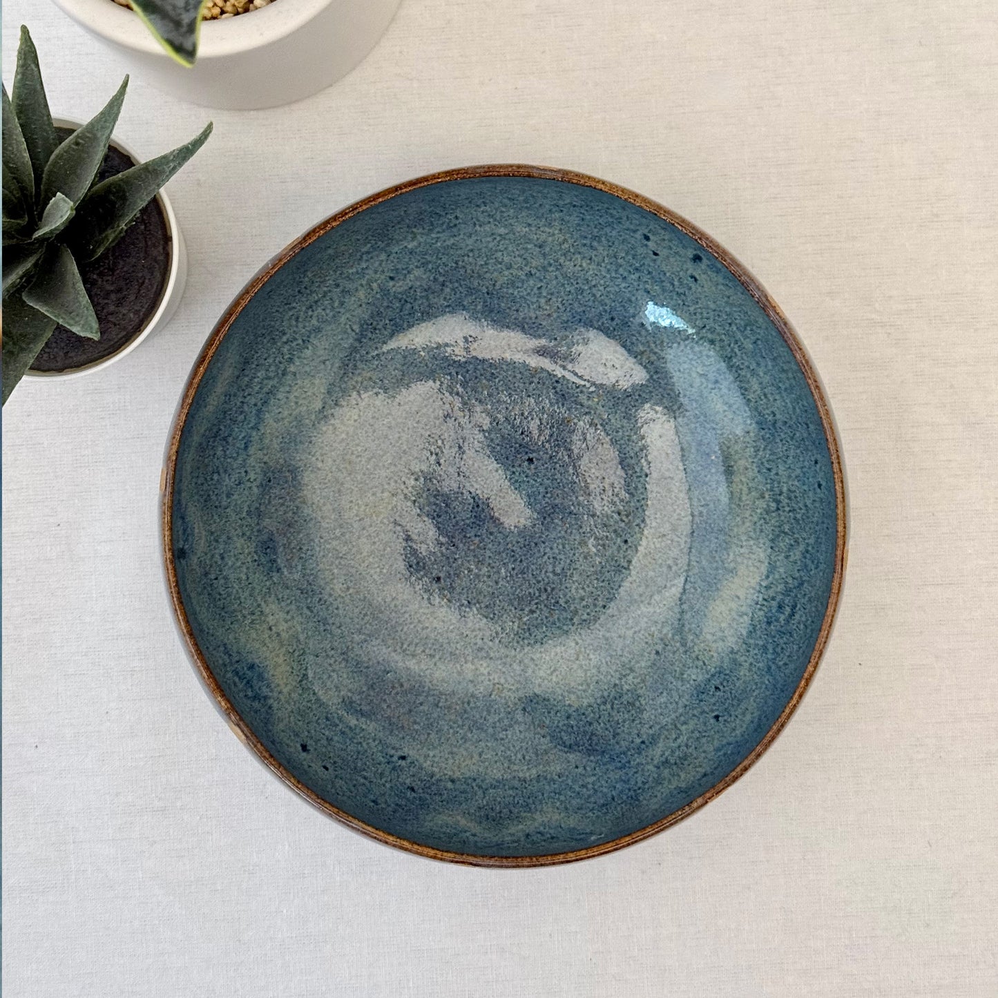 inside view of blue ceramic bowl on a light surface, accompanied by a small plant.