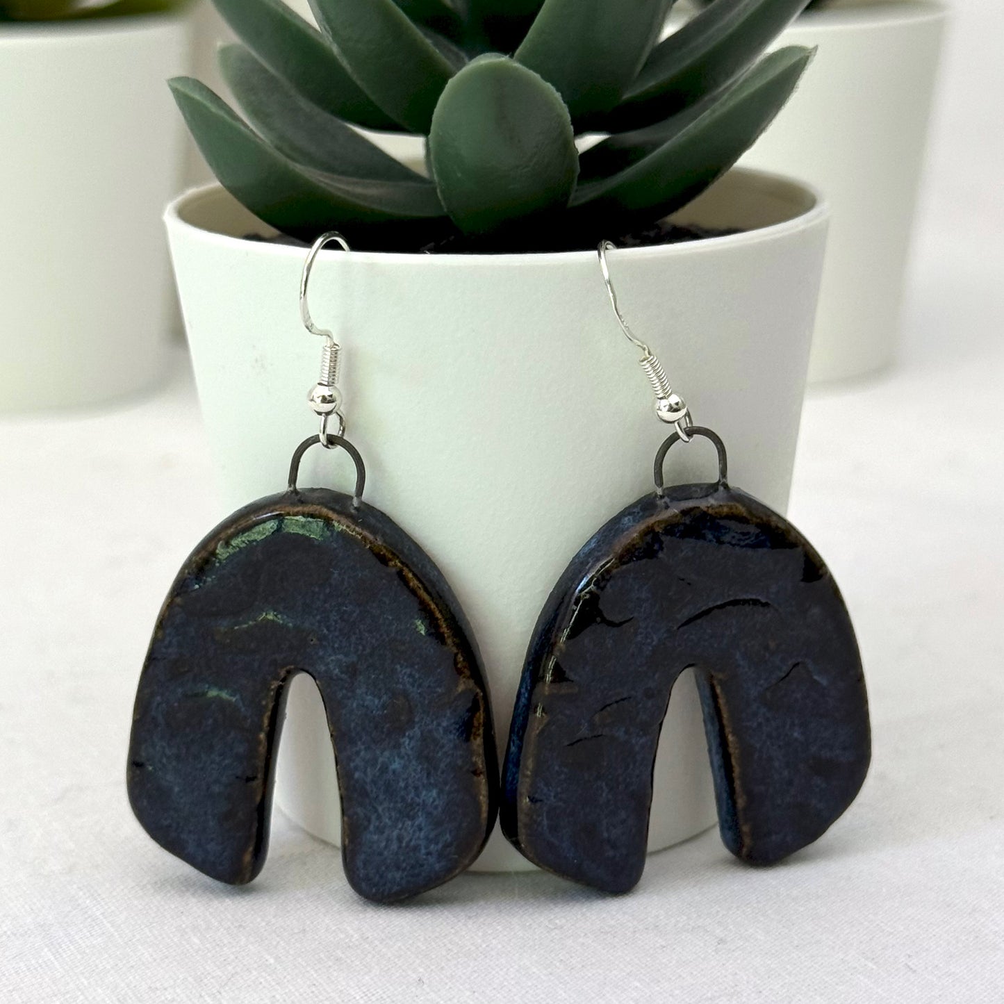 Pair of dark blue earrings with a plant in the background