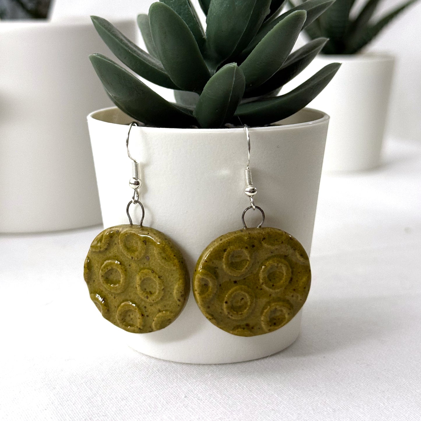 Green circular earrings on a white surface with a plant in the background