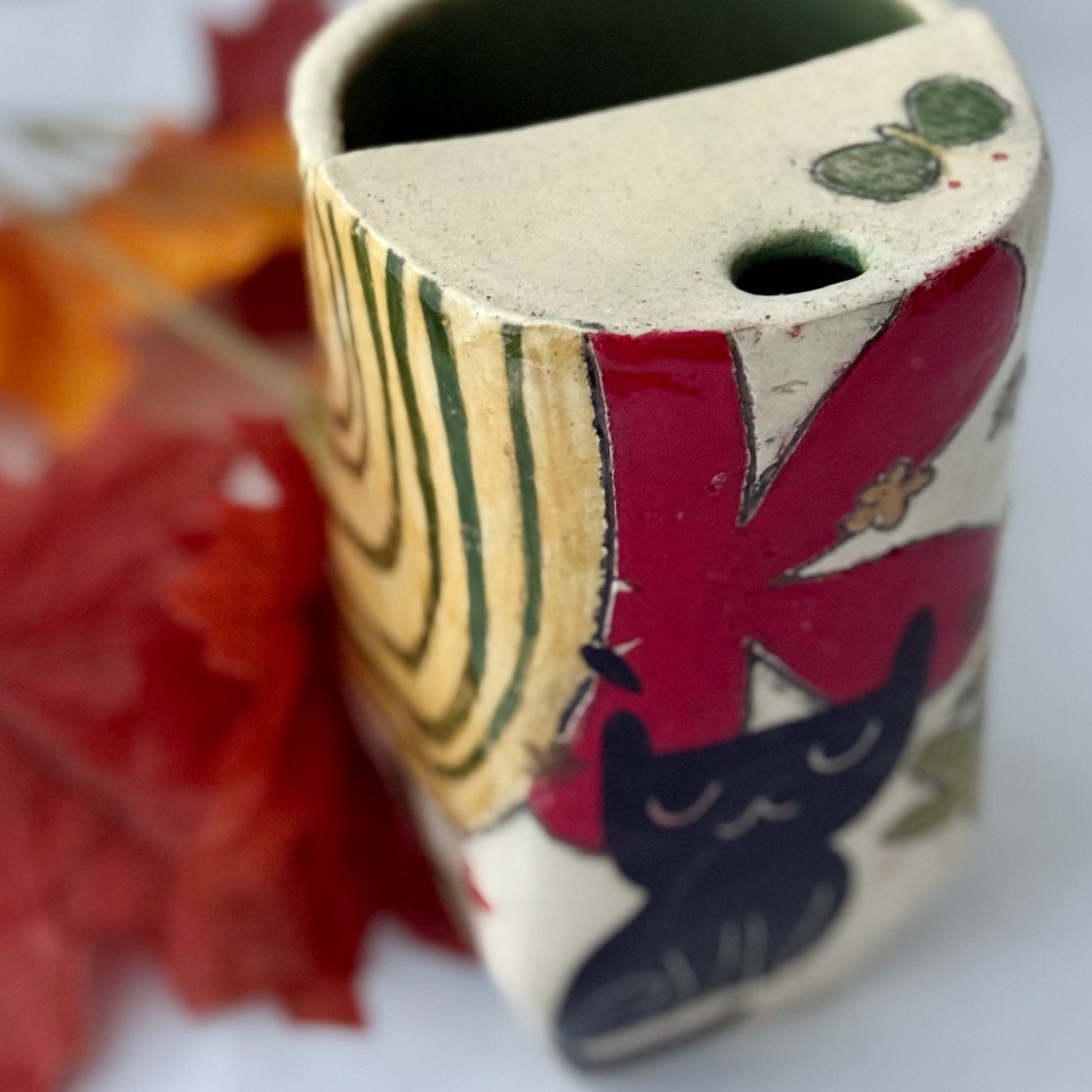 ceramic to go tumbler with flower and cat design
