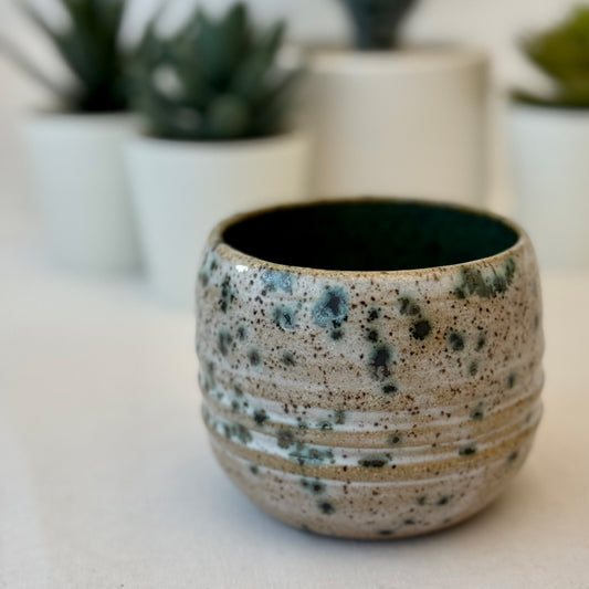 Speckled ceramic pot on a white surface with autumn leaves in the background