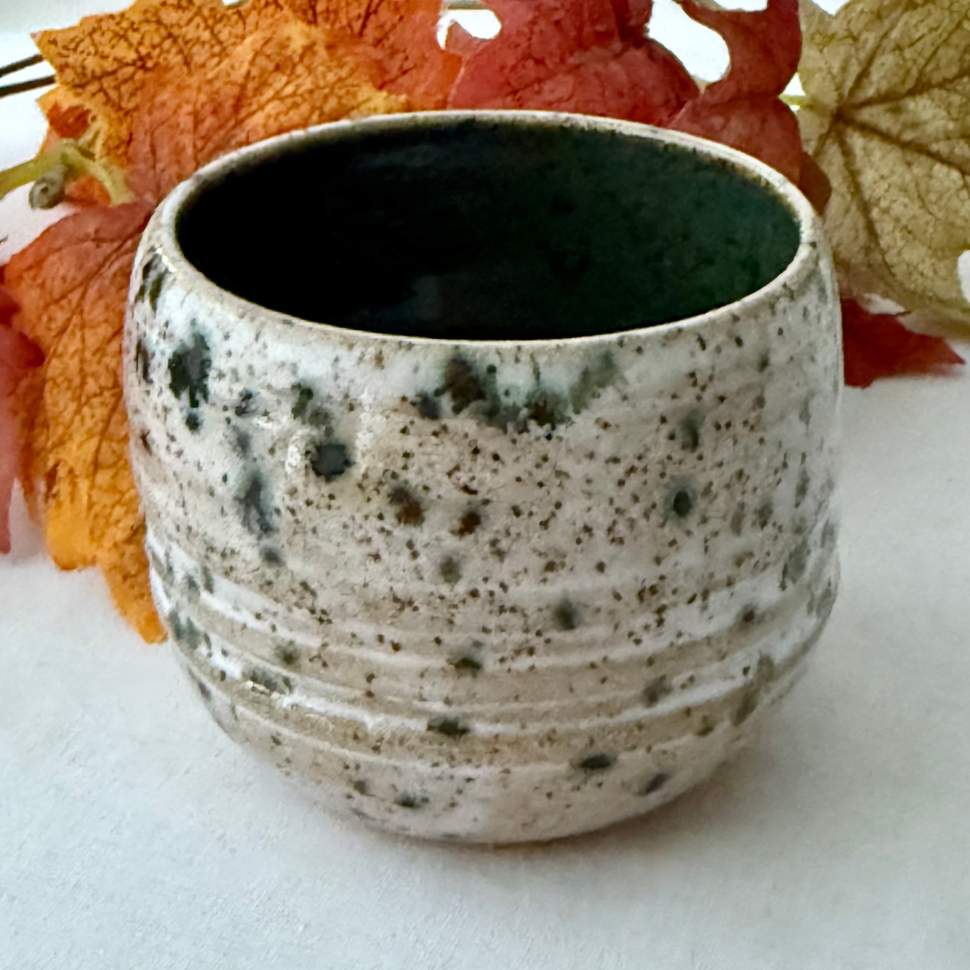 Speckled ceramic pot on a white surface with autumn leaves in the background