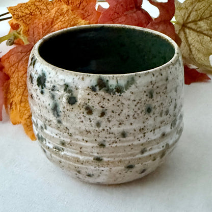 Speckled ceramic pot on a white surface with autumn leaves in the background