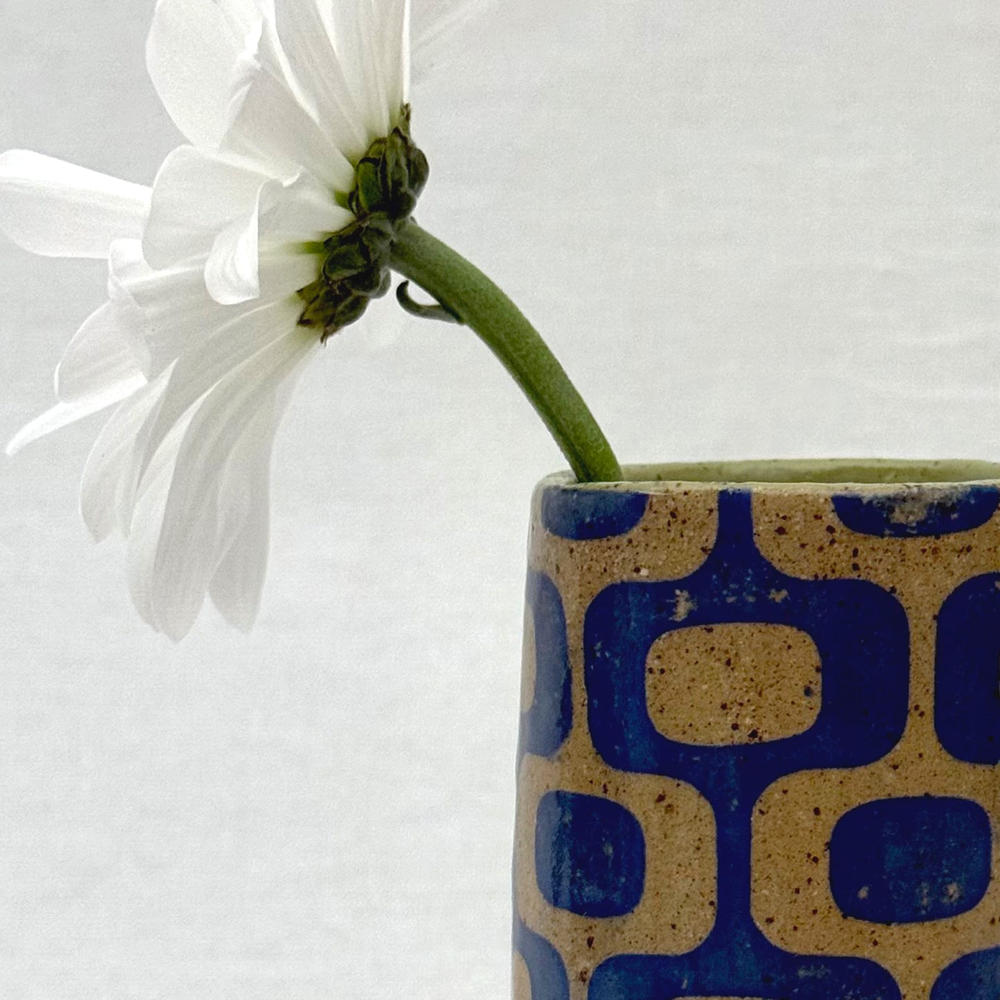 White flower in a blue patterned on speckled stoneware vase against a white background