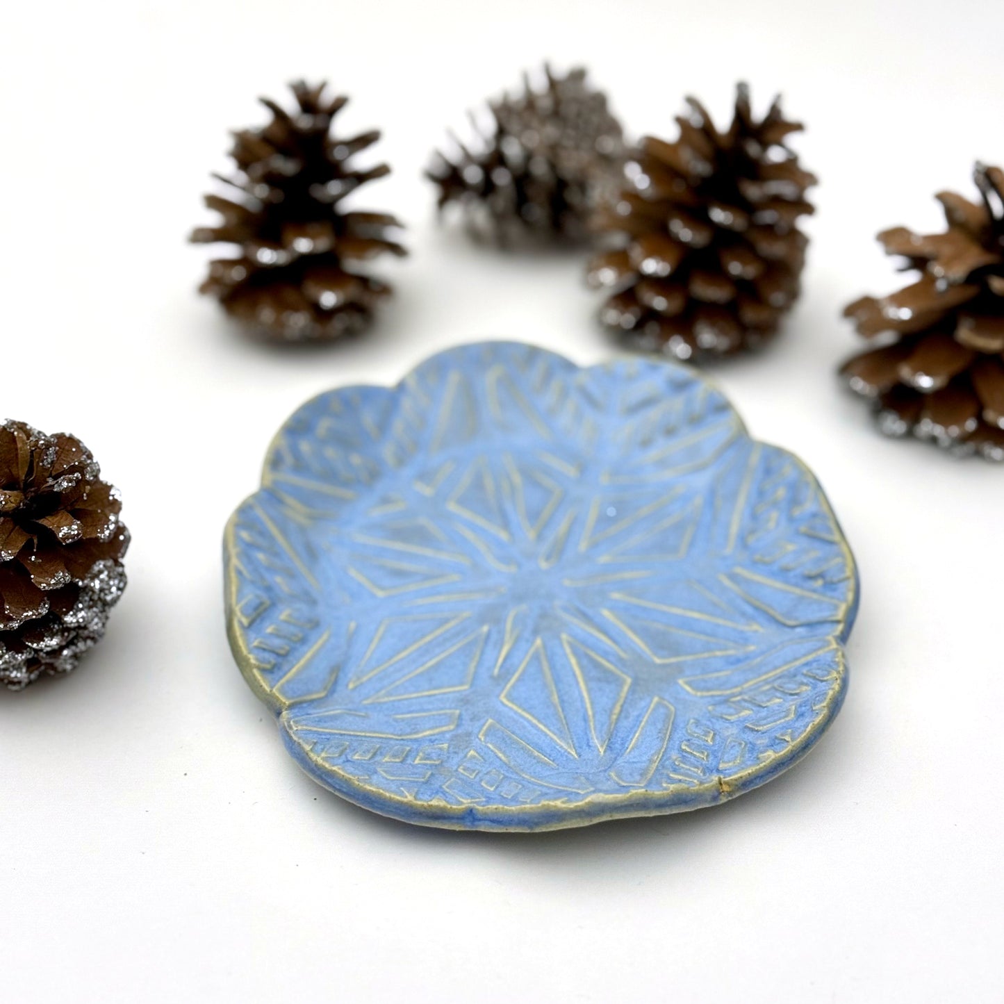 Blue ceramic plate with geometric snowflake pattern on a white background with pinecones