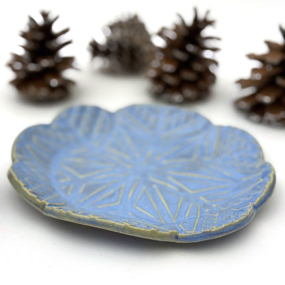 Blue ceramic plate with geometric snowflake pattern on a white background with pinecones