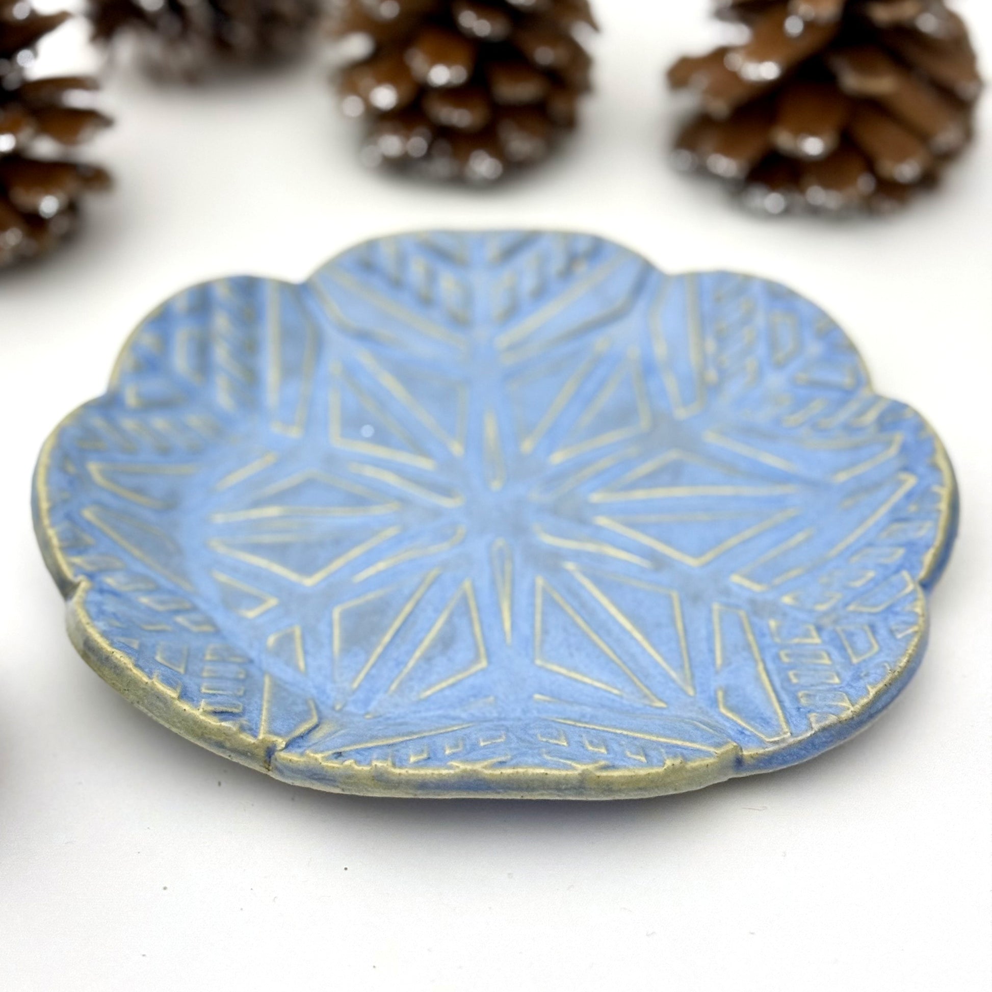 Blue ceramic plate with geometric snowflake pattern on a white background with pinecones