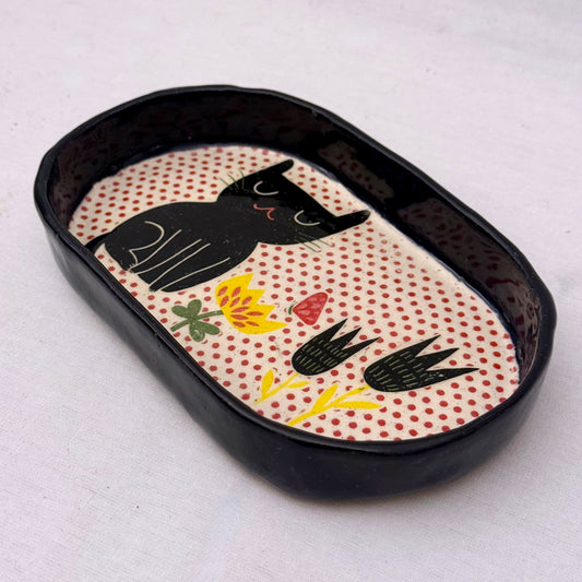 black cat with flowers ceramic tray