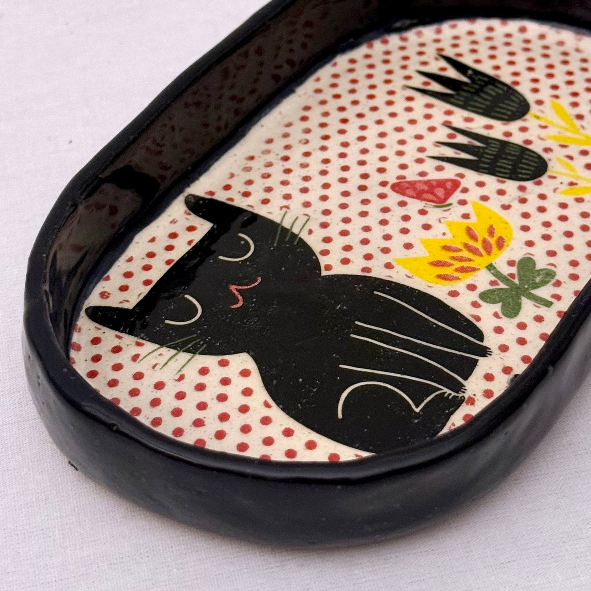 black cat with flowers ceramic tray