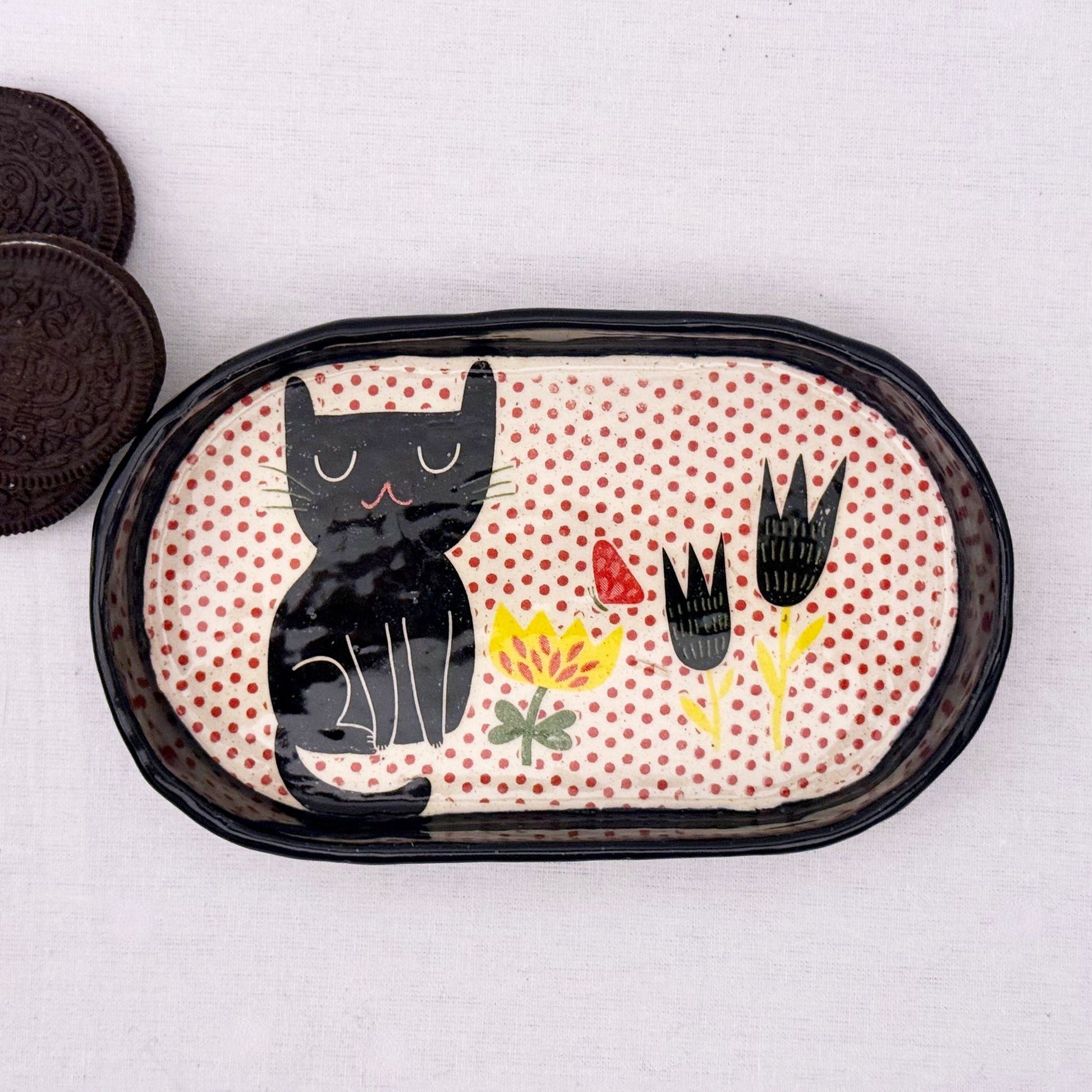 black cat with flowers ceramic tray
