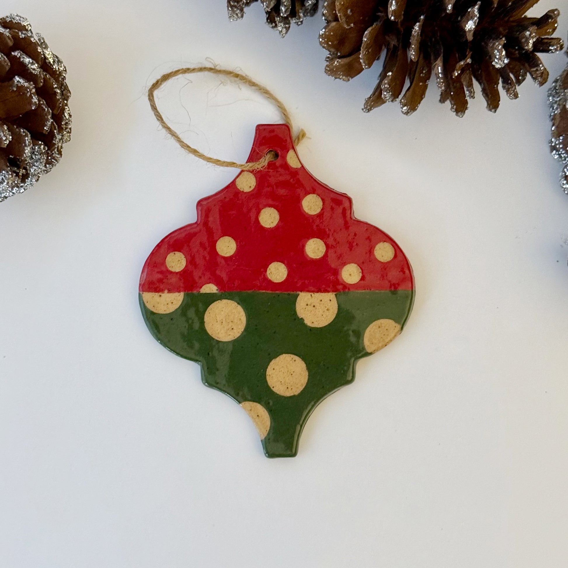 red and green polka dot ceramic christmas ornament