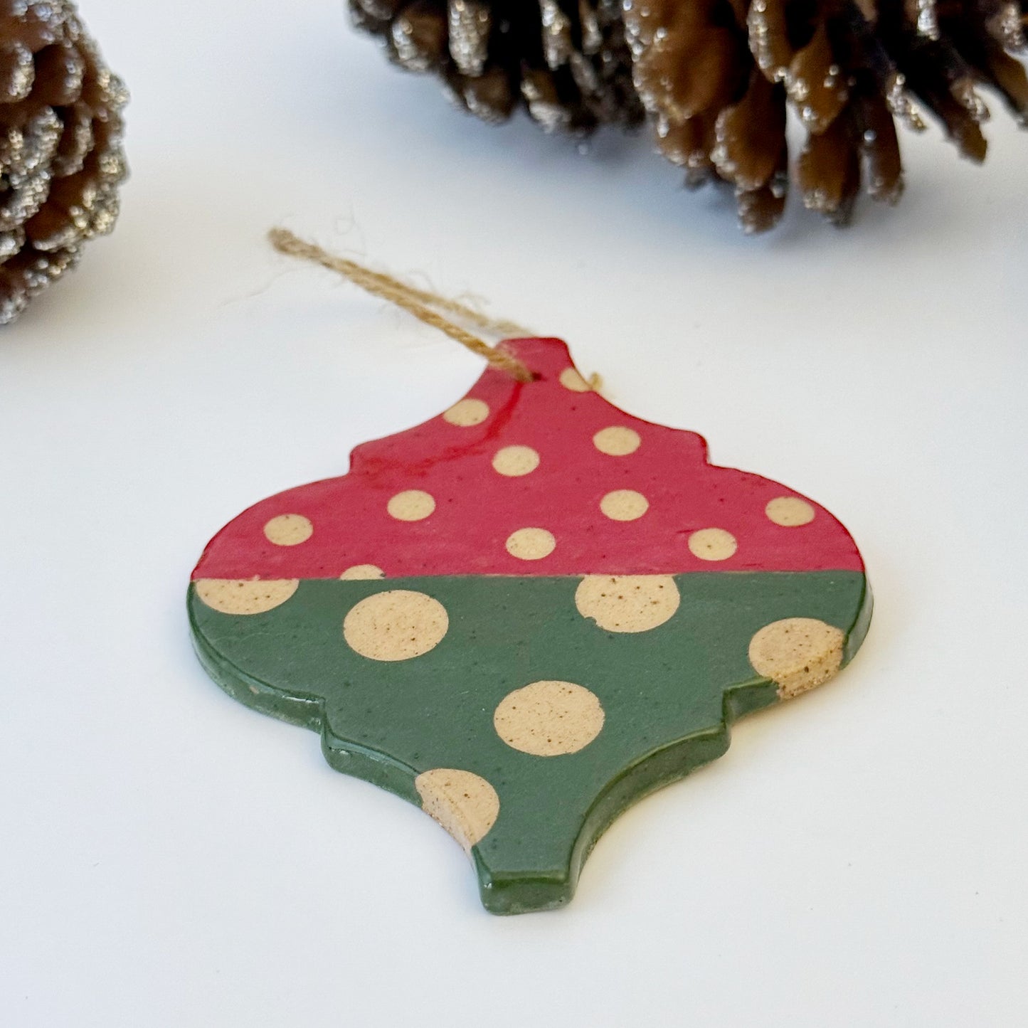 red and green polka dot ceramic christmas ornament