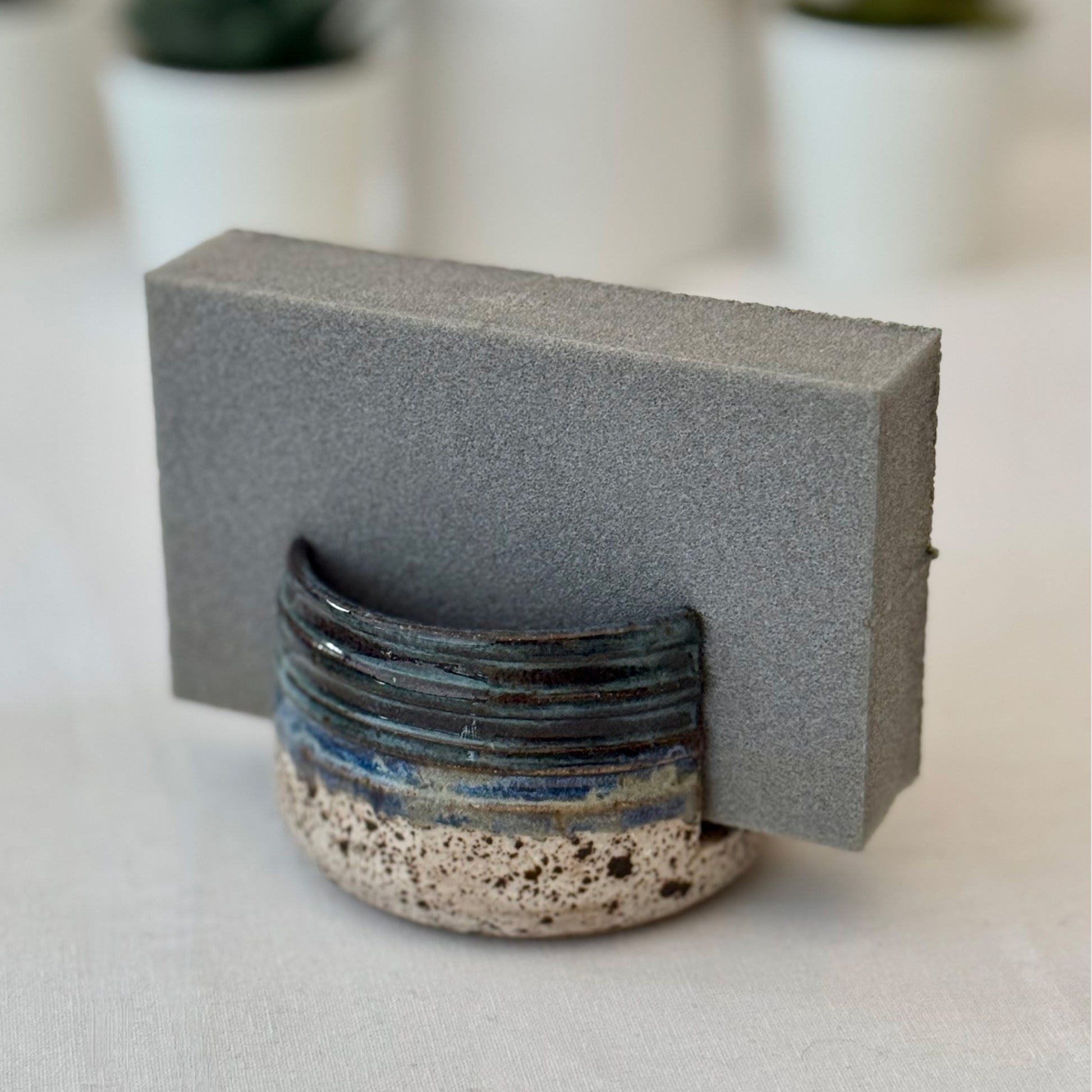 blue and cream ceramic sponge holder