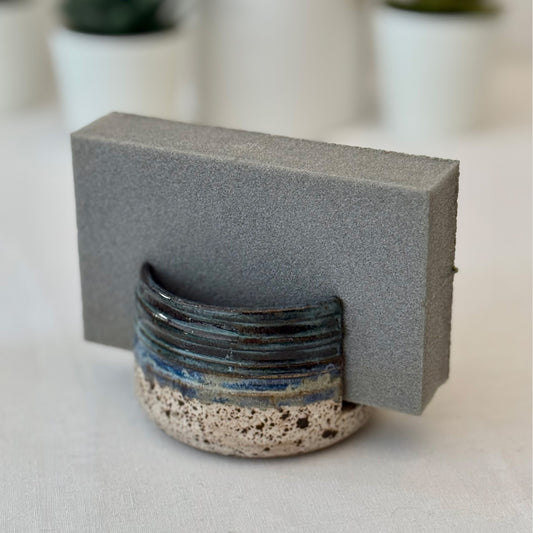 blue and cream ceramic sponge holder