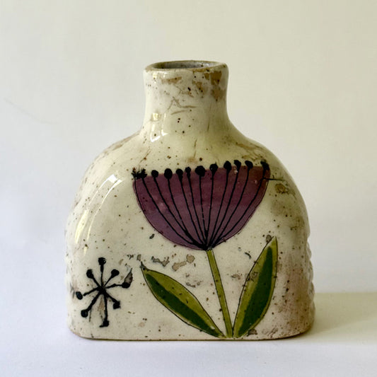 Small handbuilt speckled stoneware vase with colorful mid-century-inspired floral and botanical monoprints,