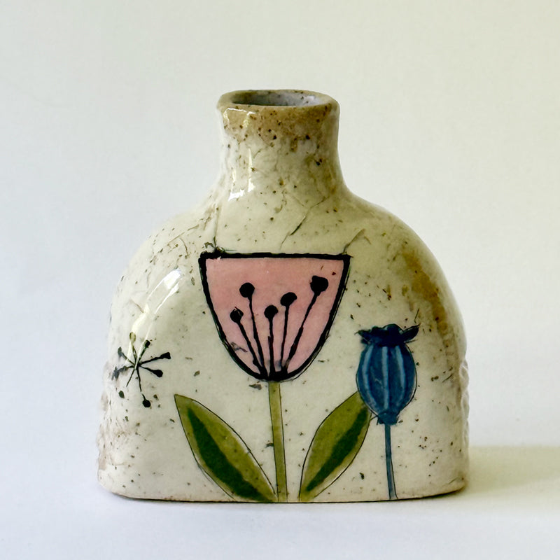 Small handbuilt speckled stoneware vase with colorful mid-century-inspired floral and botanical monoprints,
