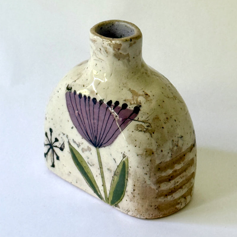 Small handbuilt speckled stoneware vase with colorful mid-century-inspired floral and botanical monoprints,