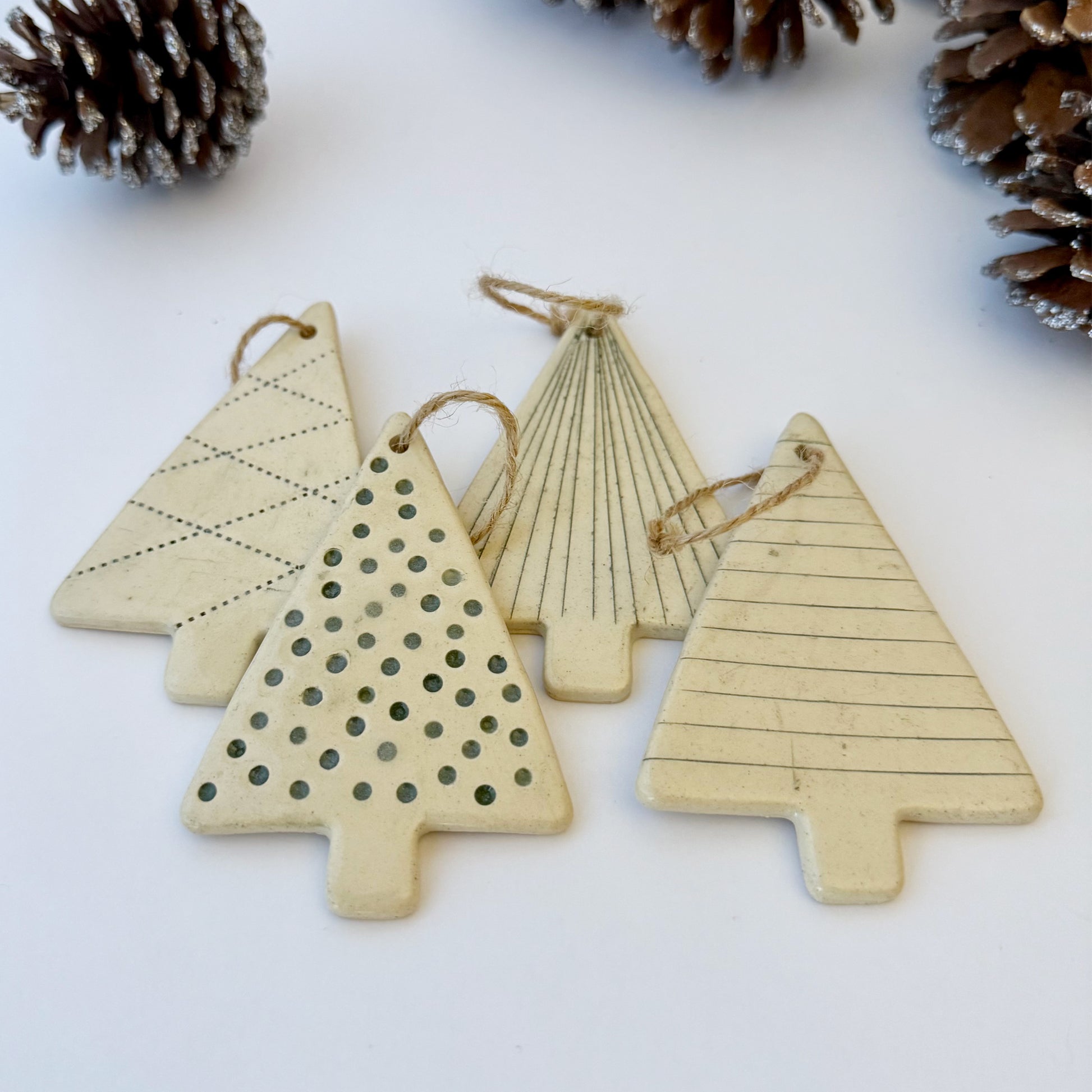 minimalist hand-carved and textured design tree shaped christmas ornaments